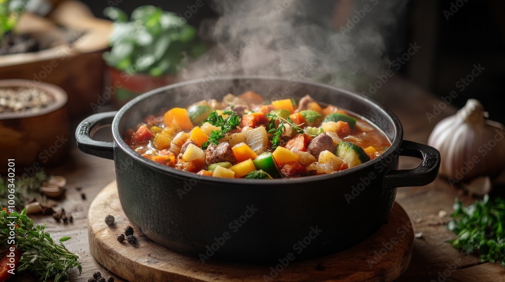 A steaming hot pot filled with colorful vegetables and meat, placed on a wooden dining table, surrounded by fresh herbs and spices, inviting a sense of warmth and togetherness. A steaming hot pot filled with colorful vegetables and meat, placed on a wooden dining table, surrounded by fresh herbs and spices, inviting a sense of warmth and togetherness.