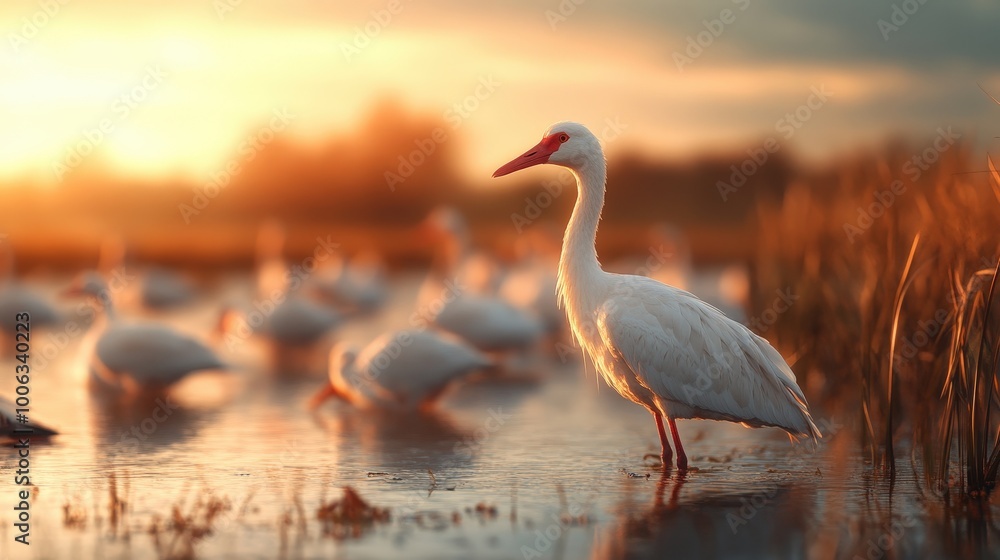 Fototapeta premium Peaceful Wetland Scene with Resting Migratory Birds