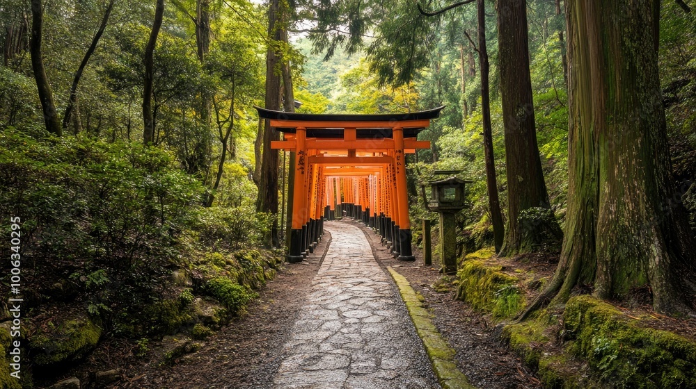 A photo of Kyoto's Fushimi Inari Shrine, featuring the iconic red torii gates winding through the lush forest on a quiet day without people. A photo of Kyoto's Fushimi Inari Shrine, featuring the iconic red torii gates winding through the lush forest on a quiet day without people.