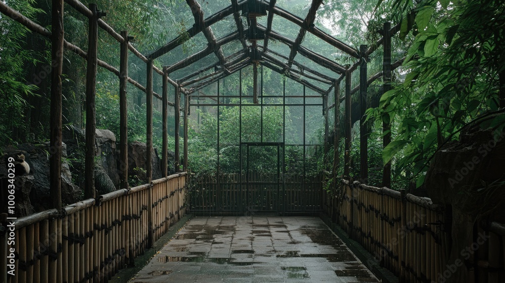 A photo of the Chengdu Panda Base, showing an empty enclosure amidst lush greenery, with no visitors around, allowing the calm of the nature reserve to be highlighted. A photo of the Chengdu Panda Base, showing an empty enclosure amidst lush greenery, with no visitors around, allowing the calm of the nature reserve to be highlighted.