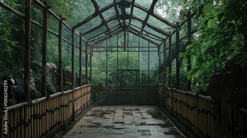 A photo of the Chengdu Panda Base, showing an empty enclosure amidst lush greenery, with no visitors around, allowing the calm of the nature reserve to be highlighted.