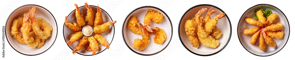 Variety of crispy shrimp dishes arranged on white plates. Variety of crispy shrimp dishes arranged on white plates.