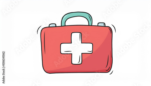 cartoon first aid kit, red medical bag, white cross symbol, simple background, hand-drawn style, minimalist design, medical illustration, 