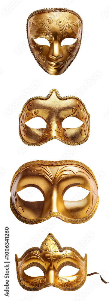 Four elegant golden masks on a white isolated background. Four elegant golden masks on a white isolated background.