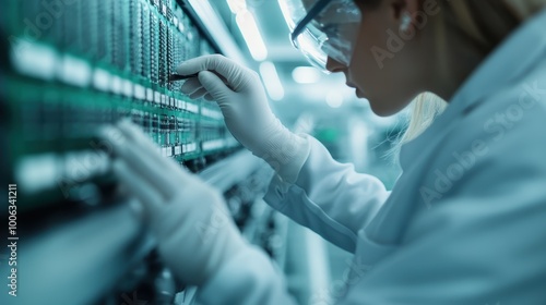 A scientist in protective gear meticulously works on complex electronics, symbolizing innovation and precision in a modern laboratory setting. photo