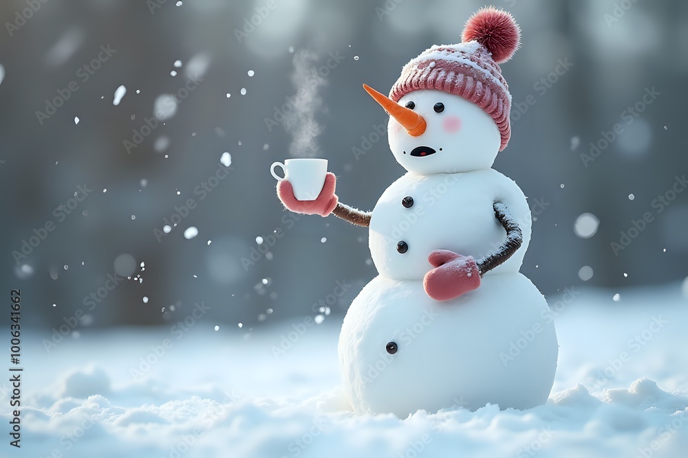 Fototapeta premium Cute snowman holding steaming cup in winter wonderland representing holiday cheer