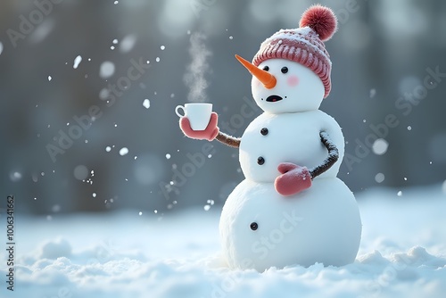 Cute snowman holding steaming cup in winter wonderland representing holiday cheer