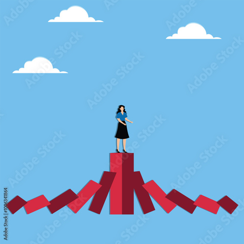 Strong business during recession, well prepared management against negative economic impact, surviving company concept, Businesswoman standing on strong bar graph unaffected by domino effect