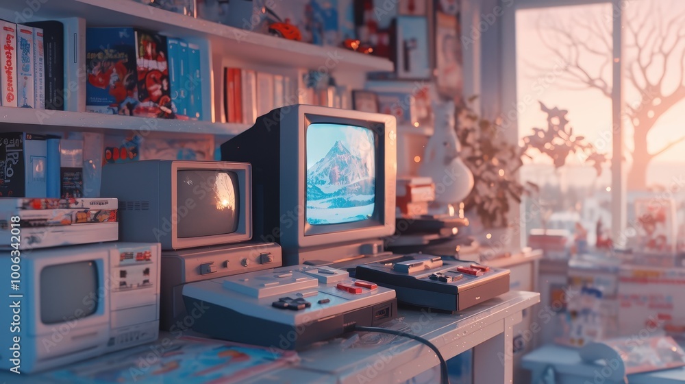 Nostalgic 90s Gaming Console Setup in Retro Environment Nostalgic 90s Gaming Console Setup in Retro Environment