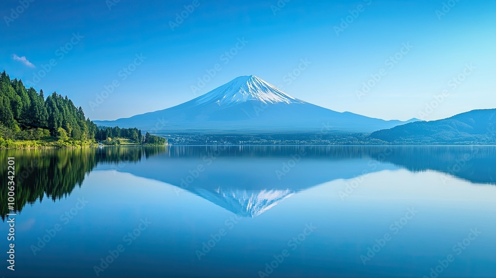 A serene shot of Mount Fuji reflected perfectly in Lake Kawaguchi, taken on a peaceful, clear day with no people in sight. A serene shot of Mount Fuji reflected perfectly in Lake Kawaguchi, taken on a peaceful, clear day with no people in sight.