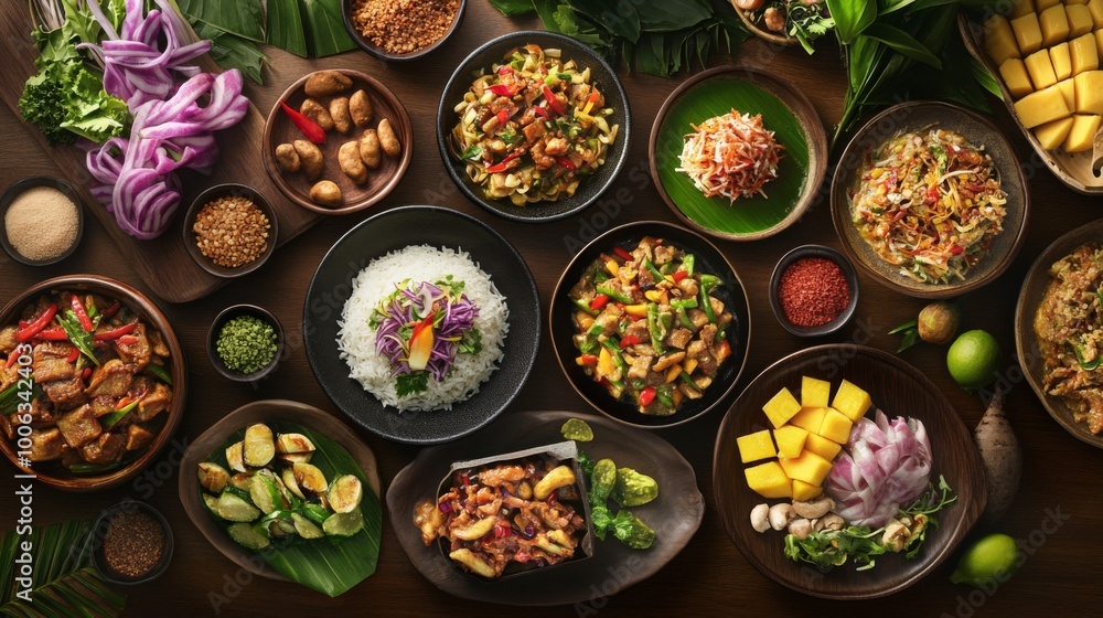 A stunning overhead view of a Thai feast, showcasing a variety of colorful dishes such as Som Tum, Pad Krapow, and mango sticky rice, perfect for celebrating a special occasion. A stunning overhead view of a Thai feast, showcasing a variety of colorful dishes such as Som Tum, Pad Krapow, and mango sticky rice, perfect for celebrating a special occasion.