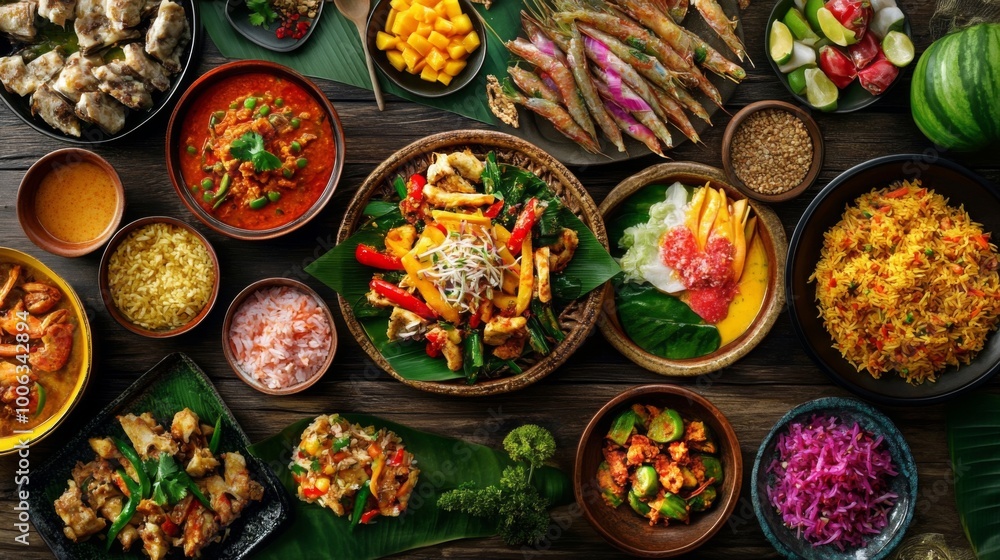 A stunning overhead view of a Thai feast, showcasing a variety of colorful dishes such as Som Tum, Pad Krapow, and mango sticky rice, perfect for celebrating a special occasion. A stunning overhead view of a Thai feast, showcasing a variety of colorful dishes such as Som Tum, Pad Krapow, and mango sticky rice, perfect for celebrating a special occasion.