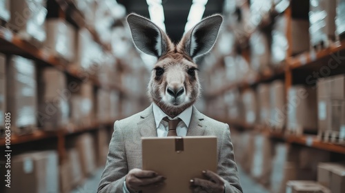 Another surreal vision of a kangaroo-headed figure checking inventory in a warehouse, showcasing an interesting blend of human roles with animalistic traits built creatively. photo