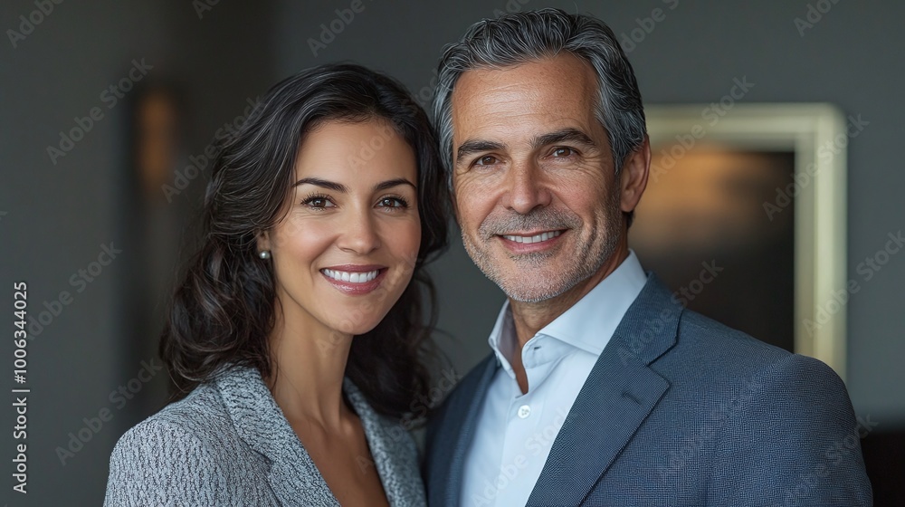 corporate business partners in professional attire with friendly smiles, standing confidently against a neutral gray backdrop, highlighting teamwork and executive success corporate business partners in professional attire with friendly smiles, standing confidently against a neutral gray backdrop, highlighting teamwork and executive success