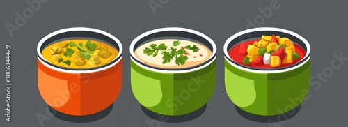 Three colorful bowls of soup offer diverse flavors and inviting warmth