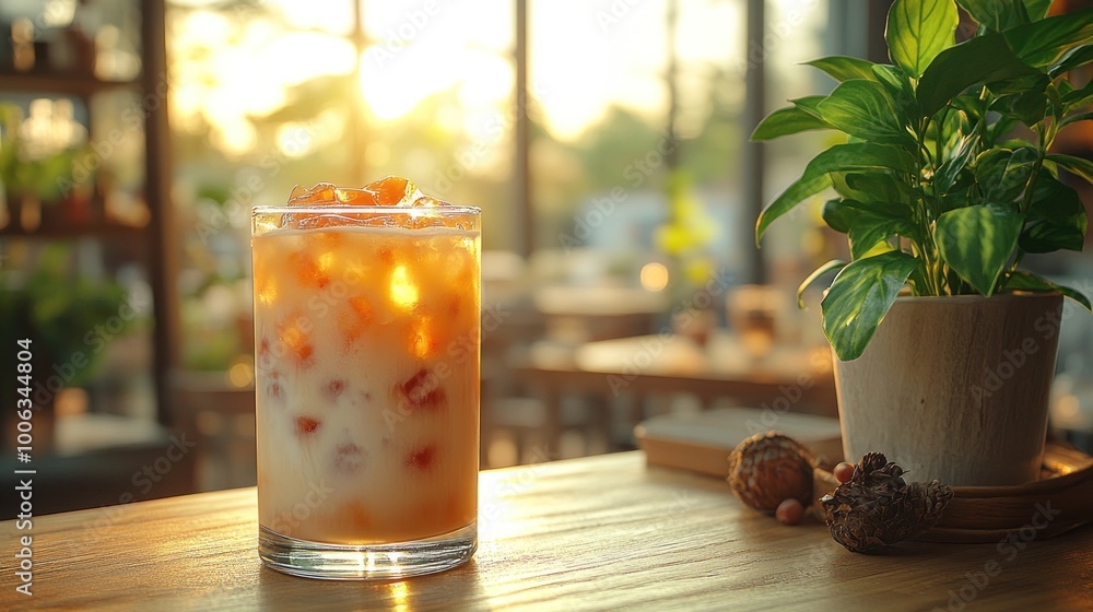 A chilled drink with fruits sparkles in soft evening light, creating a warm ambiance A chilled drink with fruits sparkles in soft evening light, creating a warm ambiance