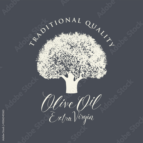 Vector banner or label for extra virgin olive oil with realistic olive tree and handwritten inscriptions on light background in retro style