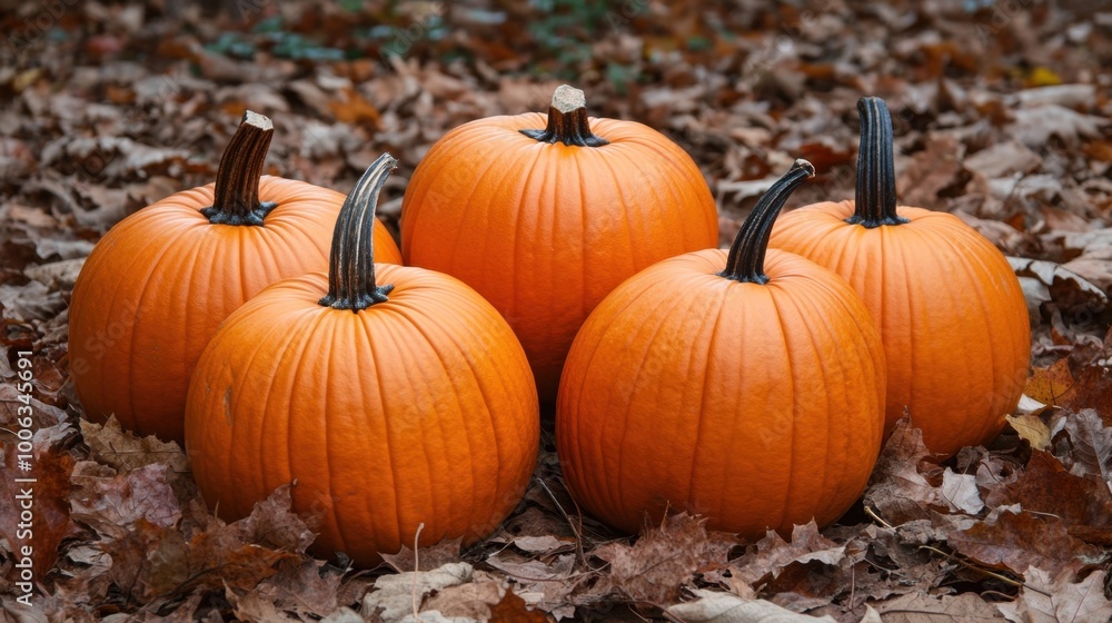Bright orange pumpkins arranged in a rustic autumn setting, surrounded by fallen leaves, symbolizing the beauty of the fall harvest. Bright orange pumpkins arranged in a rustic autumn setting, surrounded by fallen leaves, symbolizing the beauty of the fall harvest.