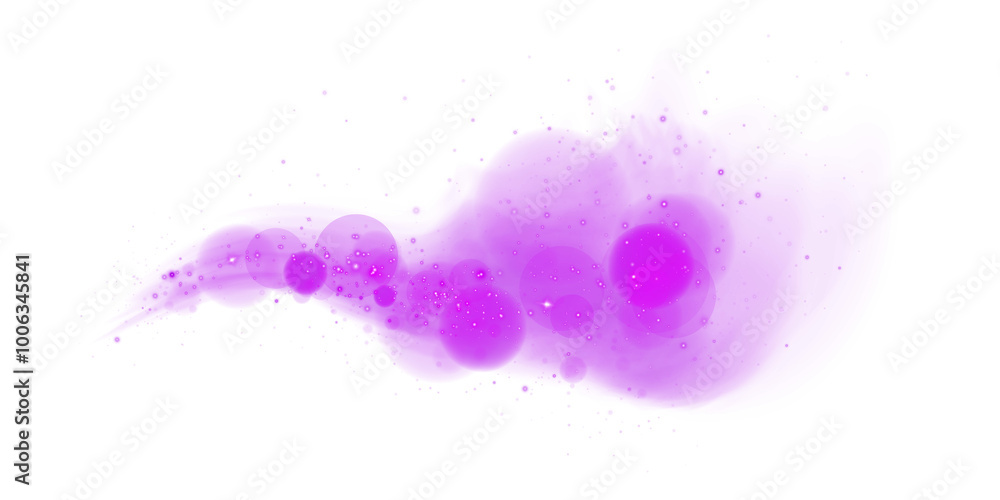 Fototapeta premium Magic pink cigarette smoke. Magic pink smoke with glitter and small particles of twinkling stars. Fog with luminous particles. Pink vapor with stardust. Morning fog over land or water surface. Magic h