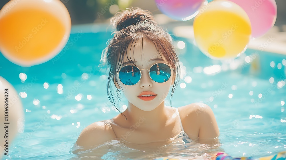 Naklejka premium Beautiful asian woman in a swimming pool