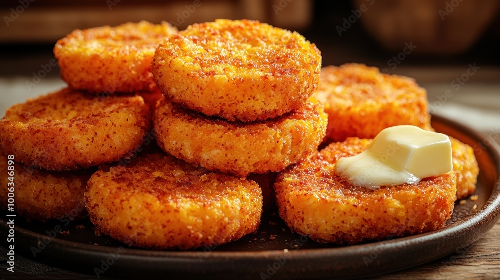 Golden-brown corn fritters piled on a plate, topped with a dollop of butter Golden-brown corn fritters piled on a plate, topped with a dollop of butter