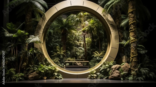 A circular golden frame encircles a lush tropical jungle, showcasing a hidden oasis of greenery. The frame rests atop a dark stage, creating an illusion of stepping into a vibrant, untouched world.