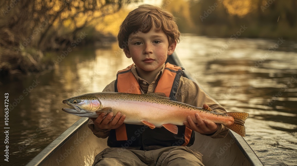 Young Boy in Canoe Holding Freshly Caught Fish in Scenic Mountain River Young Boy in Canoe Holding Freshly Caught Fish in Scenic Mountain River