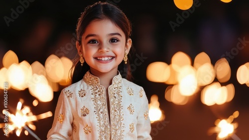 A joyful young girl in traditional attire holds a sparkler, surrounded by festive lights, capturing the essence of celebration and happiness. photo