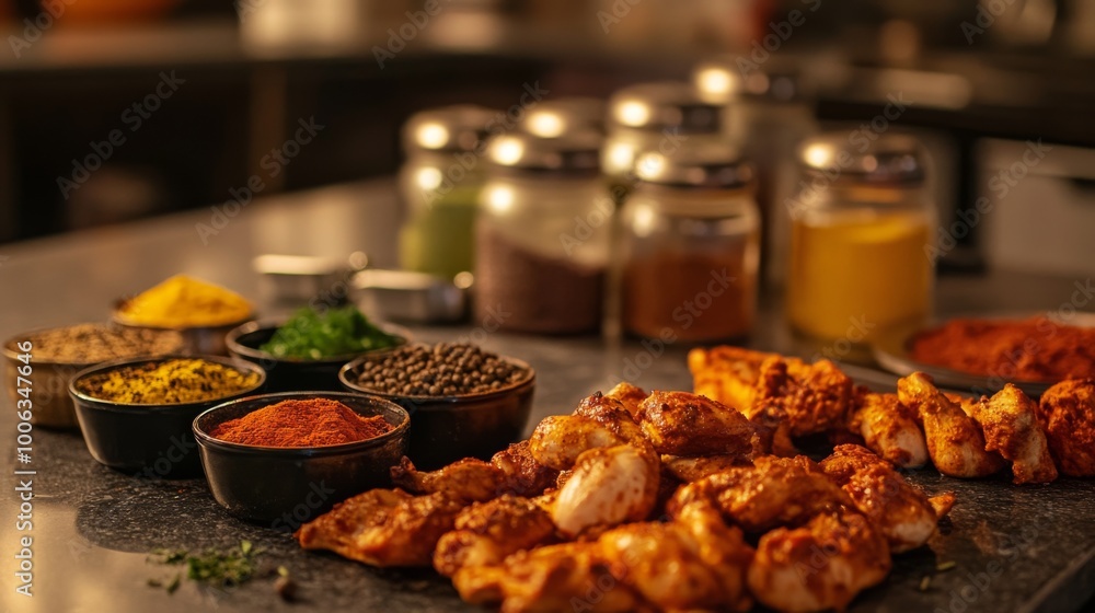 A traditional Indian kitchen scene with spices and herbs laid out on a countertop, alongside marinating chicken pieces ready for the tandoor, emphasizing the preparation process. A traditional Indian kitchen scene with spices and herbs laid out on a countertop, alongside marinating chicken pieces ready for the tandoor, emphasizing the preparation process.
