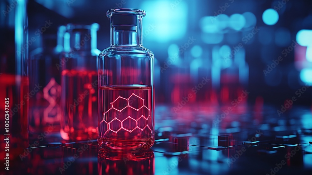chemical structure and glassware in a research lab with blue and red liquid in flasks and vials, highlighting medical science, technology, and scientific innovation chemical structure and glassware in a research lab with blue and red liquid in flasks and vials, highlighting medical science, technology, and scientific innovation