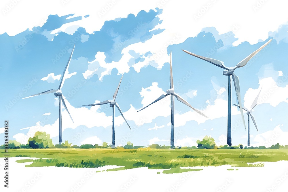 Wind power station. Windmill. Wind turbines farm. Watercolor illustration of modern windmill. Wind power station. Windmill. Wind turbines farm. Watercolor illustration of modern windmill.