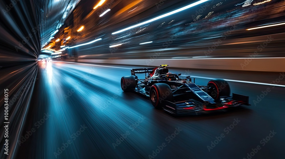 Formula One car zooming through Monacos tunnel section, bright lights reflecting on the car sleek body, with no crowd or drivers visible. Formula One car zooming through Monacos tunnel section, bright lights reflecting on the car sleek body, with no crowd or drivers visible.