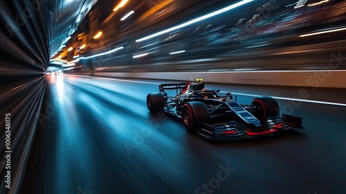 Formula One car zooming through Monacos tunnel section, bright lights reflecting on the car sleek body, with no crowd or drivers visible.