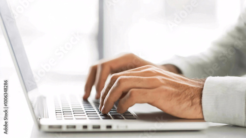 A close-up of hands typing on a laptop keyboard in a bright, minimalistic workspace