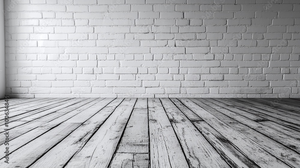 empty room with wood flooring and white brick wall, a simple yet elegant design that offers a clean and spacious environment for home or office interior empty room with wood flooring and white brick wall, a simple yet elegant design that offers a clean and spacious environment for home or office interior