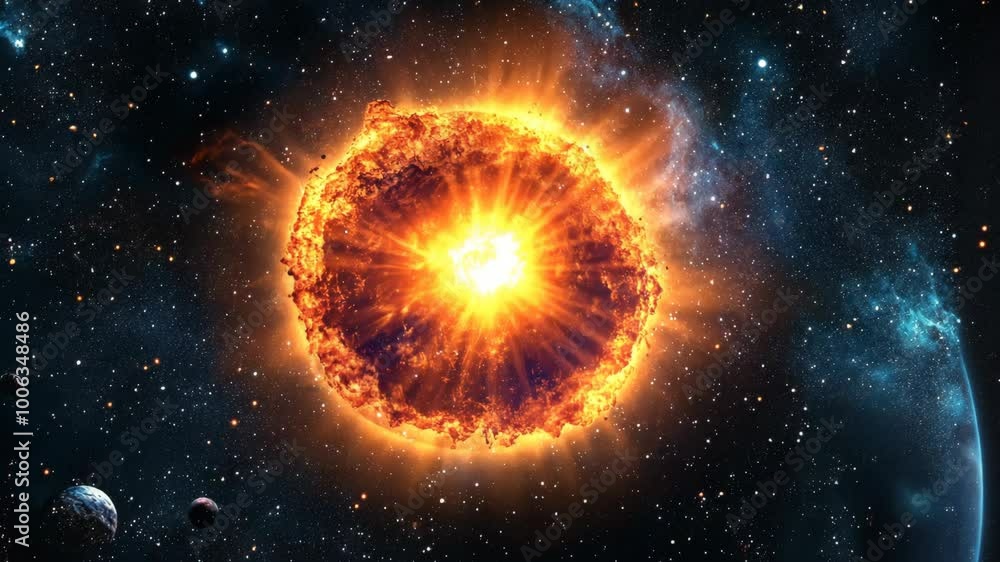 A fiery supernova explodes in the vastness of space, illuminating nearby planets with its intense light A fiery supernova explodes in the vastness of space, illuminating nearby planets with its intense light
