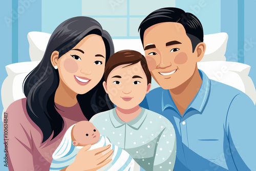 Parent with Children. Portrait of Asian parents with newborn baby. mother’s day