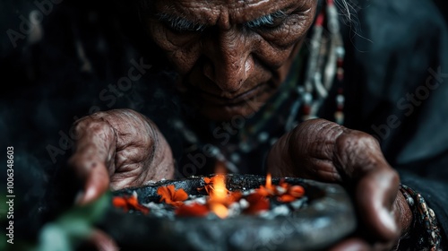 An elderly person holds a bowl with fire and flowers, depicting a deep connection to traditions, cultural heritage, and spiritual practices, representing wisdom. photo