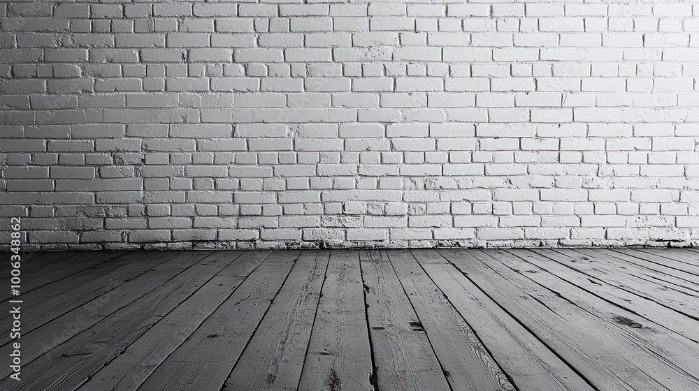 Fototapeta premium empty room with wood flooring and white brick wall, a simple yet elegant design that offers a clean and spacious environment for home or office interior