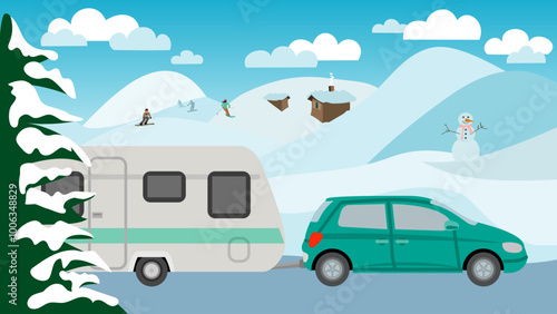Illustration of a caravan in front of a mountain landscape with snow