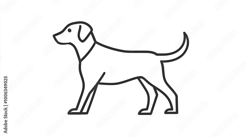 Modern dog icon with a wagging tail, drawn in thin black lines on a white background. Modern dog icon with a wagging tail, drawn in thin black lines on a white background.
