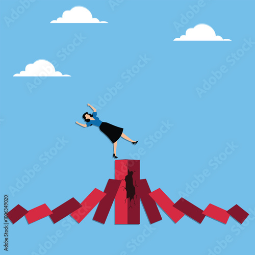 Small business impact from large business collapse, financial crisis, bankruptcy due to domino effect concept, Fall of big domino cause small dominoes fall down in order