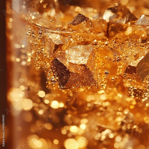 A close-up of sparkling golden drink with ice and bubbles.