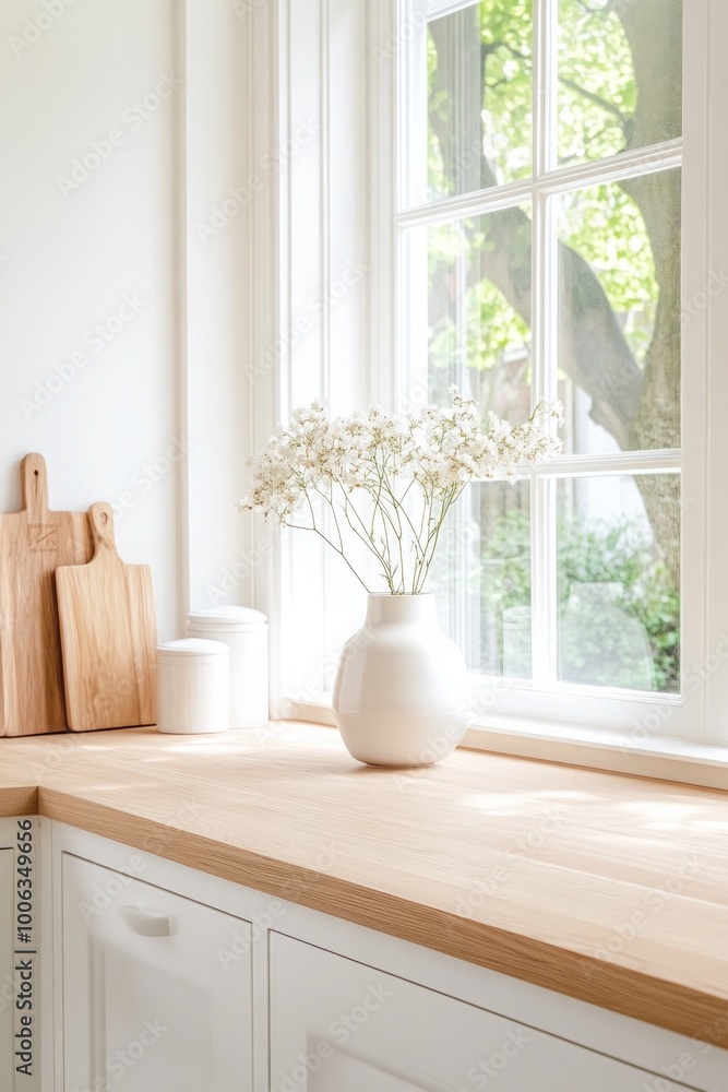 Fototapeta premium A bright, minimalist kitchen corner featuring white cabinets, a wooden countertop, and a vase