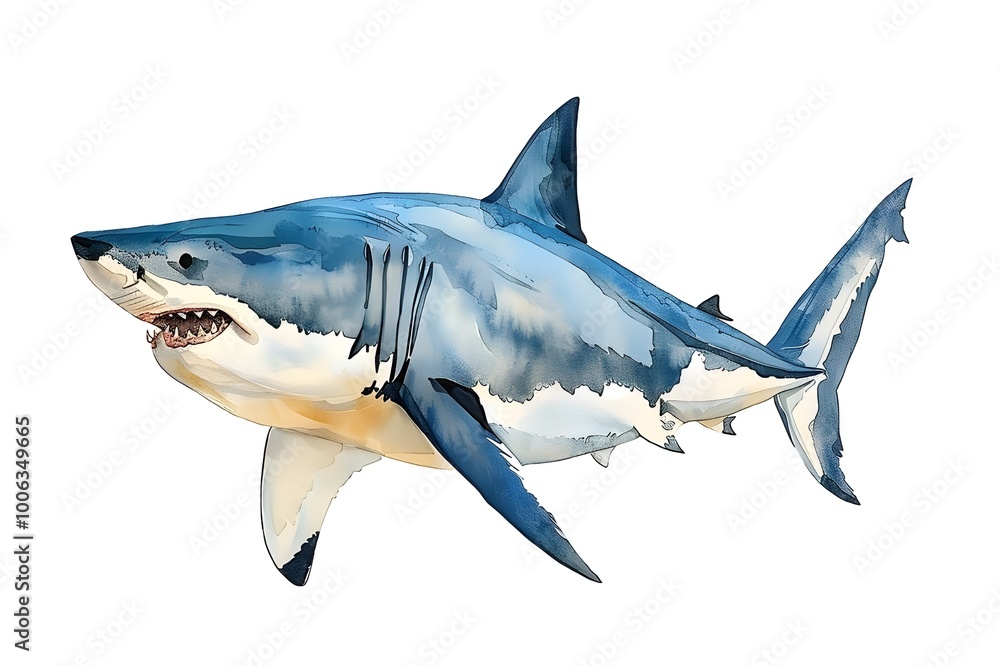 Fototapeta premium Painting of great white shark, full body, simple shapes, orange background