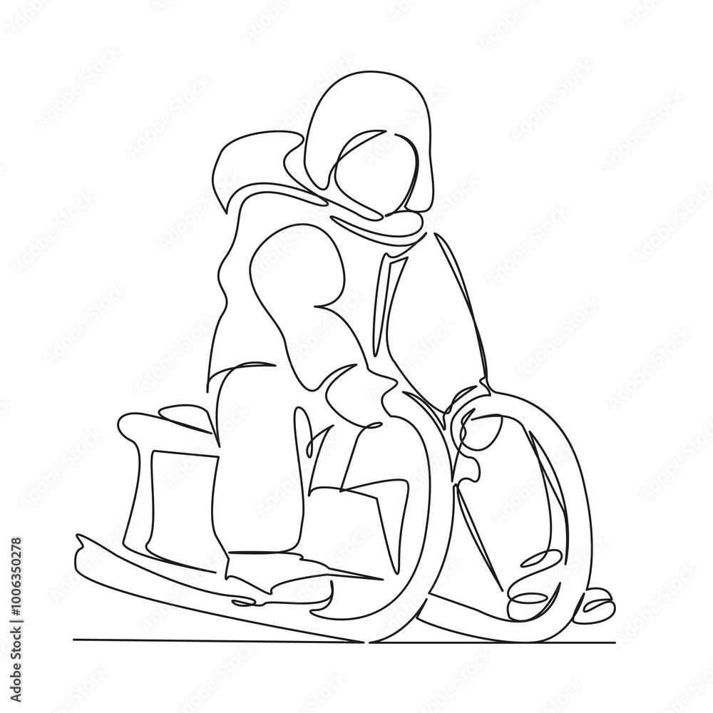 One continuous single drawing line art flat doodle child, sled, person, snow, winter, childhood, happiness, nature, sledding, horizontal. Isolated image hand draw contour on a white background One continuous single drawing line art flat doodle child, sled, person, snow, winter, childhood, happiness, nature, sledding, horizontal. Isolated image hand draw contour on a white background