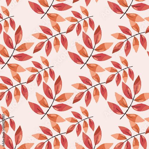 Vector hand drawn artistic pink leaves stem intertwined in a seamless pattern