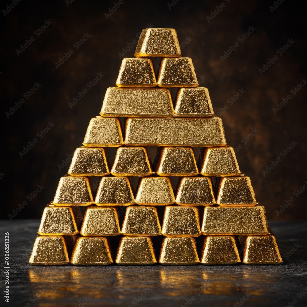 A pyramid of gold bars stacked neatly in a dark setting. A pyramid of gold bars stacked neatly in a dark setting.