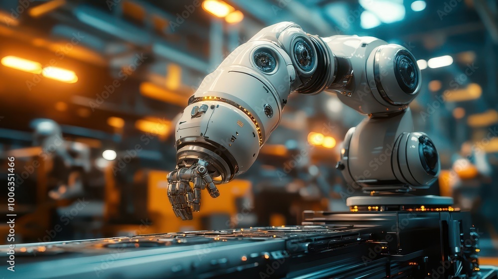 Industrial robot in a factory, sleek design, vibrant lighting, dynamic energy, high-tech atmosphere, photo-realistic Industrial robot in a factory, sleek design, vibrant lighting, dynamic energy, high-tech atmosphere, photo-realistic