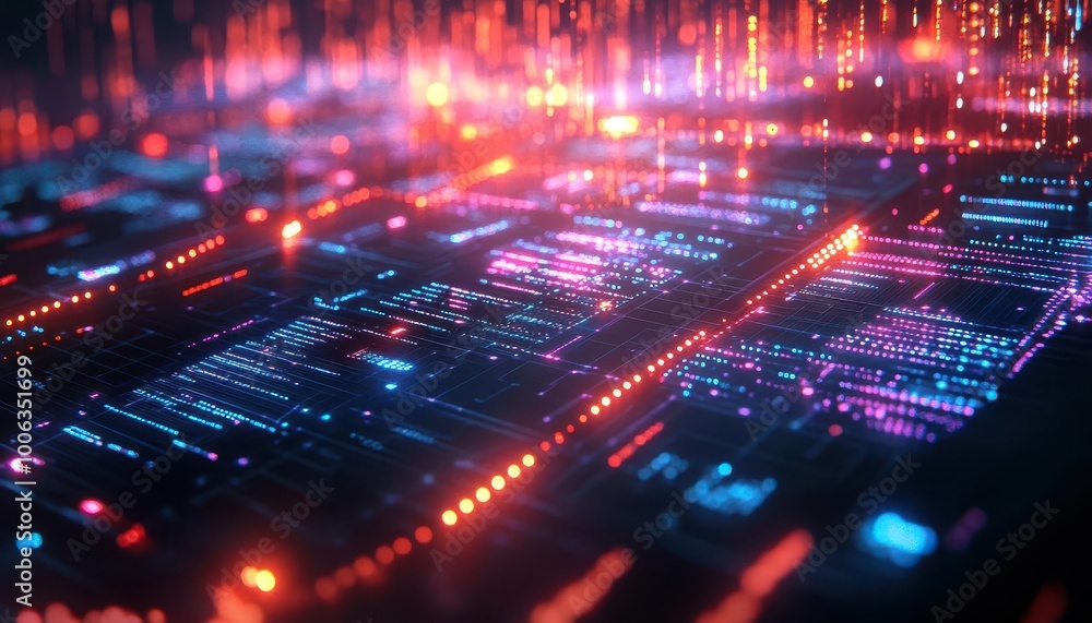 Obraz premium Machine learning visualization with vibrant data points, sleek digital interface, futuristic lighting, high-tech atmosphere